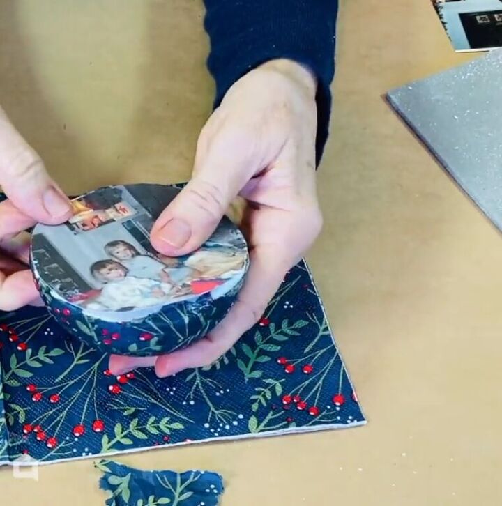 Gluing the photo to the ornament