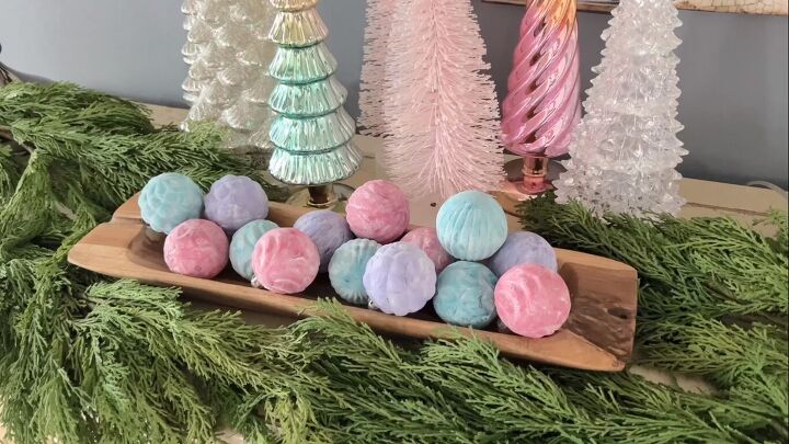 Displaying the DIY flocked ornaments in a bowl