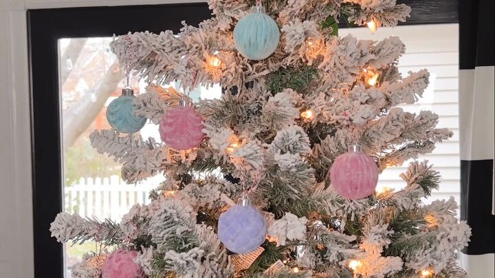 DIY flocked ornaments on a Christmas tree