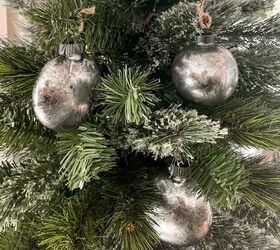 DIY mercury glass Christmas ornaments hanging on a tree