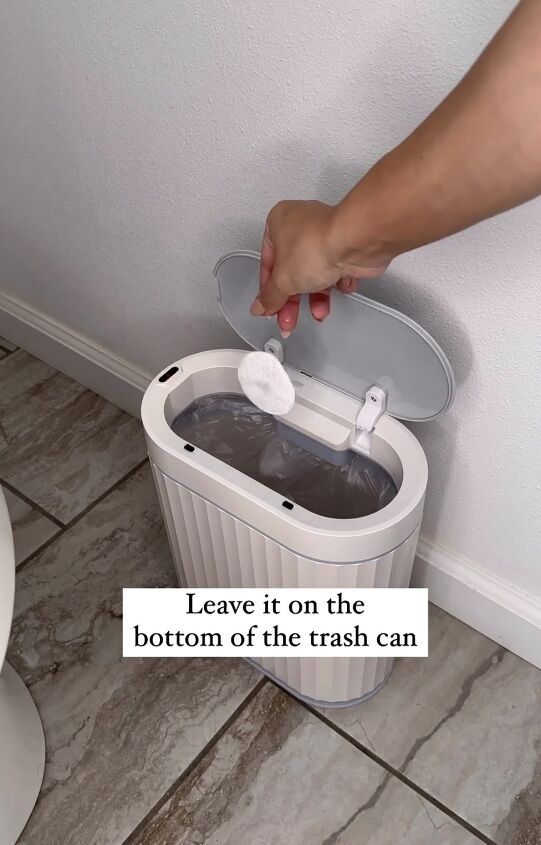 how to make a bathroom smell good, Adding a soaked cotton round in the trash can