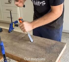 diy console table, Chiseling the mortise shapes