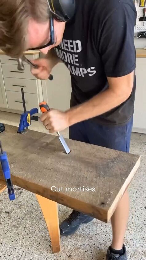 diy console table, Chiseling the mortise shapes