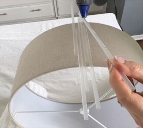 lampshade makeover crafting with straws, Use hot glue to attach the straws to the drum shade