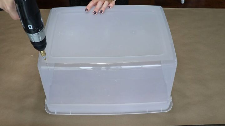 decorating plastic storage bins, Drill holes in the bottom of the bin for feet