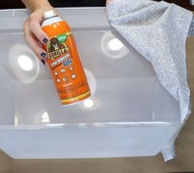 decorating plastic storage bins, Use spray adhesive to stick the fabric to the container
