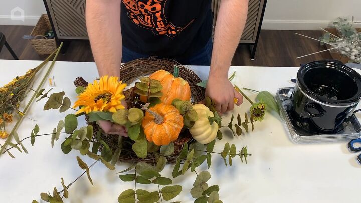 Cornucopia wreath with pumpkins and sunflowers