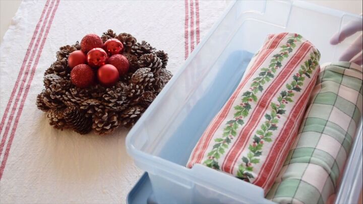 Storing Christmas linens in clear containers