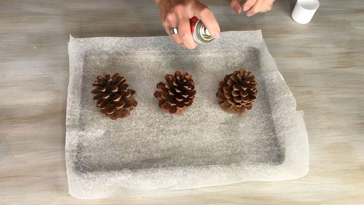 Spray the adhesive onto the pinecone