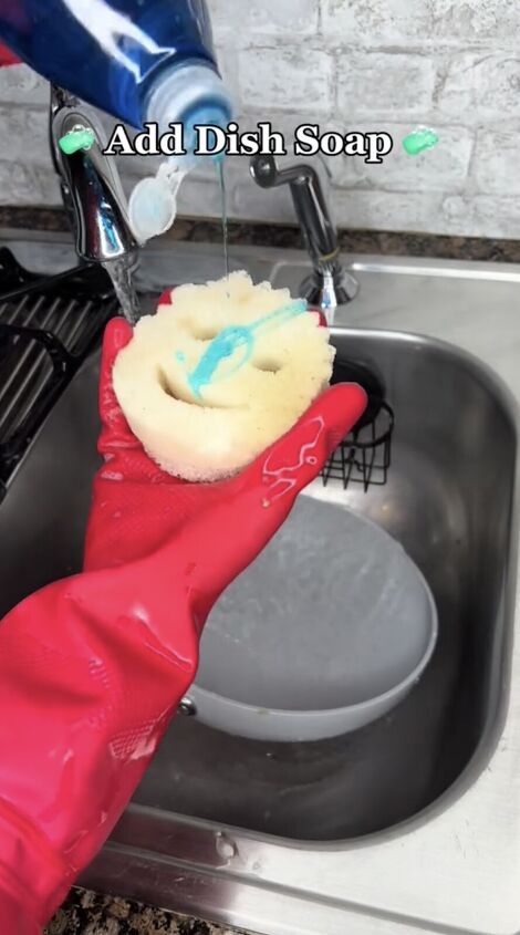 Applying dish soap to a soft sponge