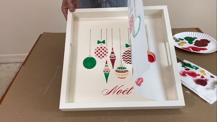 diy christmas tray, Peeling off the stencil