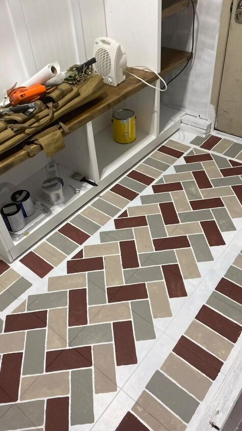 mudroom makeover, Painting fake bricks on the floor