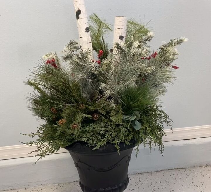 Winter topiary with faux birch logs