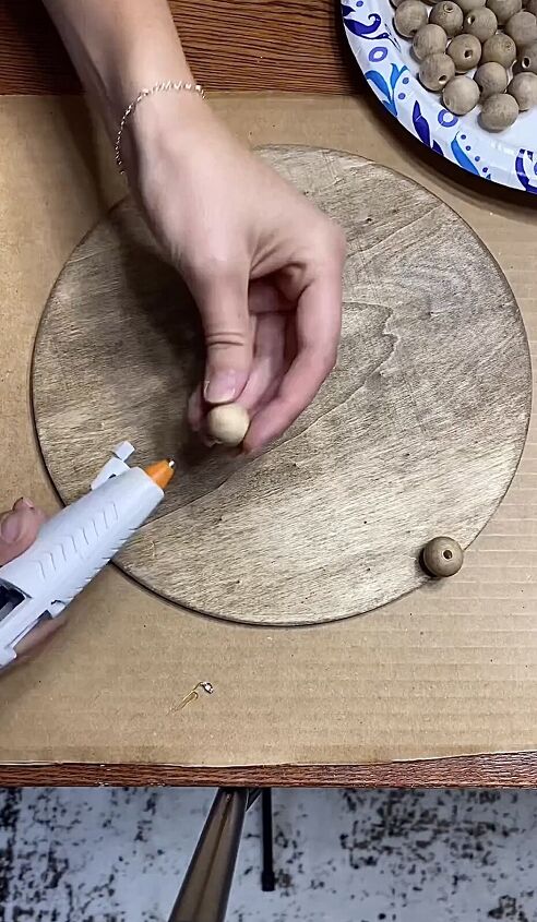 diy wood tray, Hot gluing the beads