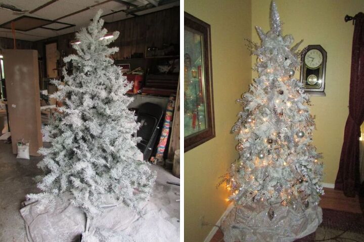 Christmas tree flocked with powdered snow and wall texture spray