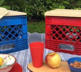 turn a plastic crate into the best accessory for your backyard, Plastic milk crate table and seat