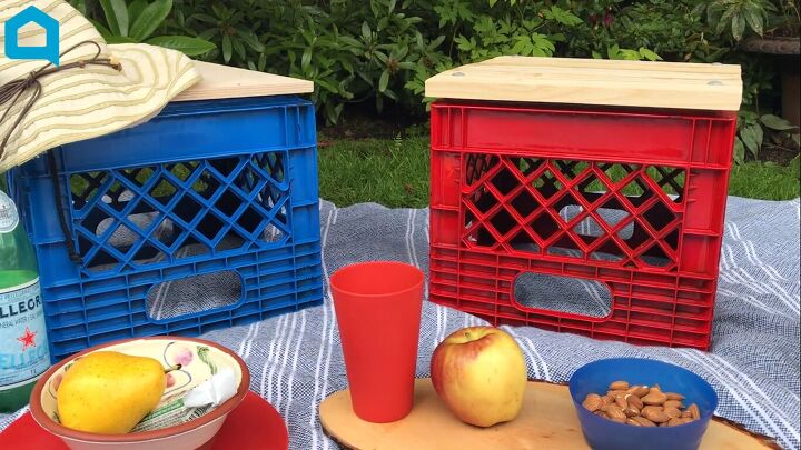 turn a plastic crate into the best accessory for your backyard, Plastic milk crate table and seat