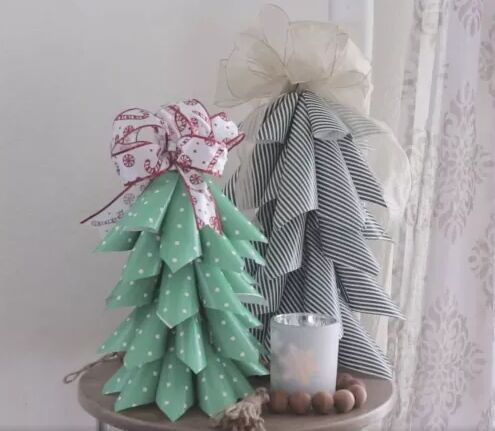 Mini Christmas trees made out of wrapping paper