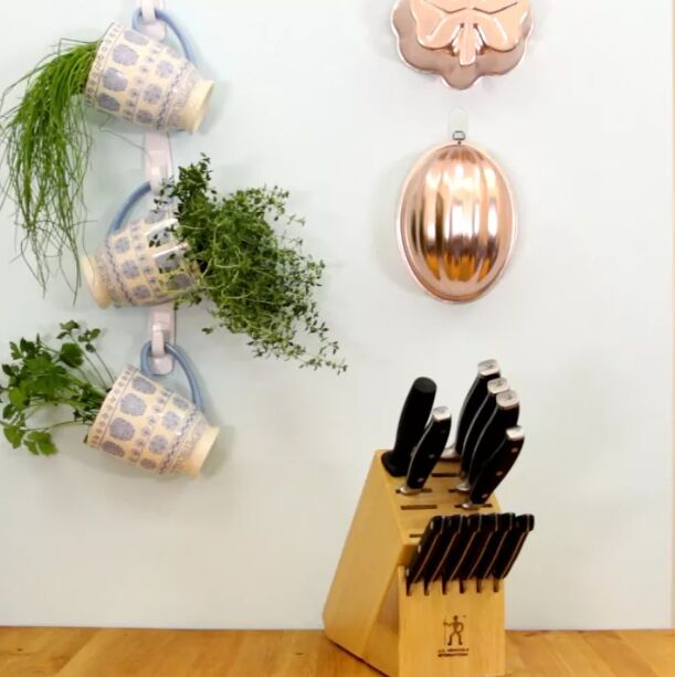 how to hang a plant from the ceiling without holes, Hanging mug herb garden