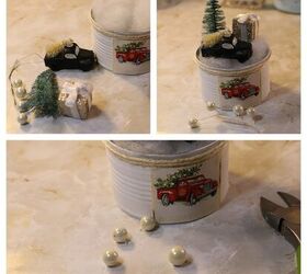 upcycling una lata de metal en el paisaje de invierno, Collage con lata de metal pintada y mini adornos