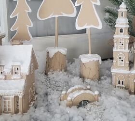 divertida casita de jengibre inspirada en pottery barn, Pueblo navide o de pan de jengibre con rboles y un puente