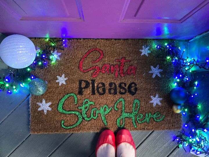 DIY Doormat with Christmas lights and red shoes placed on it
