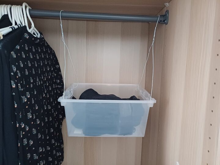 creative storage idea, DIY organization with wire hangers and plastic containers