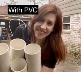 cmo hacer una mesa de centro acanalada diy, Mujer sujeta un tubo de PVC para crear una base de mesa acanalada