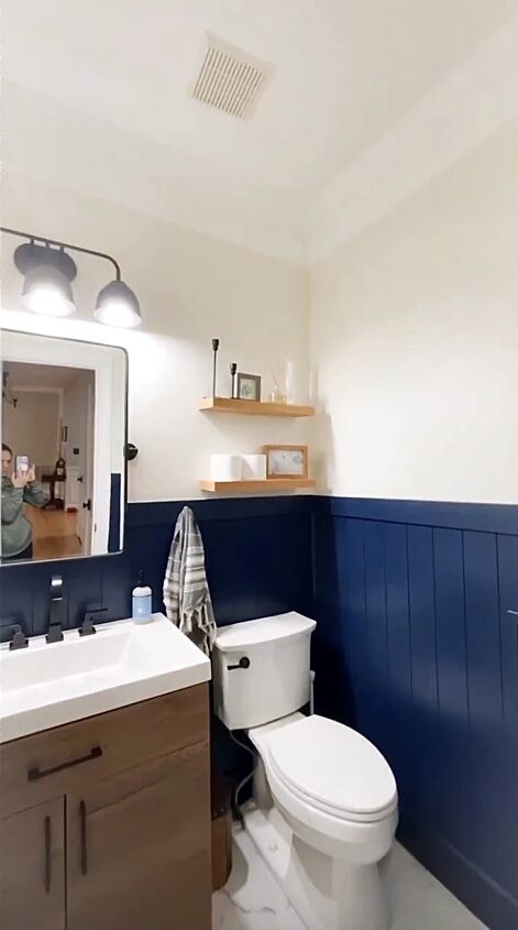 Shiplap Walls With Navy Bathroom