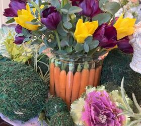 arreglo floral de pascua con tulipanes y zanahorias, Arreglo floral de Pascua con Tulipanes y Zanahorias