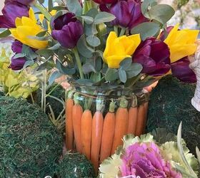 arreglo floral de pascua con tulipanes y zanahorias, Arreglo floral de Pascua con tulipanes y zanahorias