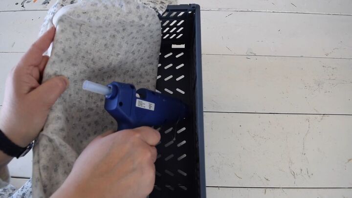 diy crate shelf, Add hot glue to crate