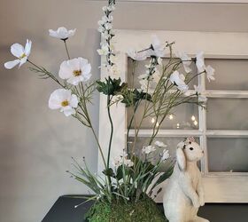 diy de un prado de flores perfecto para pascua o primavera, Conejito con arreglo de prado de flores