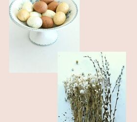 diy cesta de primavera para la puerta de entrada con flores secas, Huevos y sauce para la cesta de la puerta de primavera