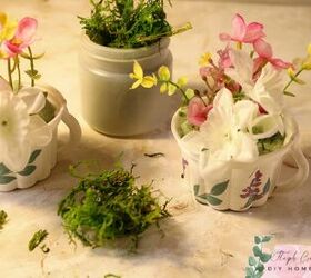 cmo transformar copas de helado arreglos florales primaverales con tazas de t, Floral musgo y tazas de t de imitaci n