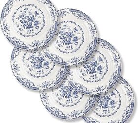 concha de ostra, Juego de 6 Platos de Ensalada de Porcelana Floral Azul