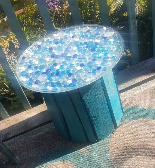11 glass gem crafts diy decor ideas for your home, Mosaic tabletop with glass gems by Ann