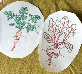 idea de bordado para un delantal de jardn patrn vegetariano gratuito, Las verduras se imprimen en papel m gico antes de aplicarlas al delantal para una idea de bordado