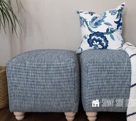 cmo hacer una bandeja de caa sencilla y con estilo, Reveal of DIY ottoman makeover with blue and white striped fabric and white washed natural wood legs in living room