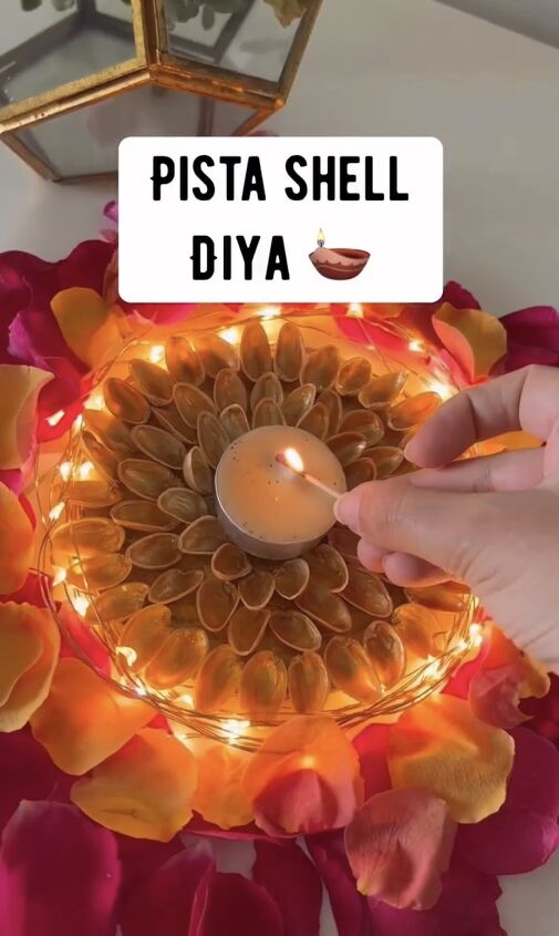 crafts with pistachio shells, How to make a diya with pistachio shells