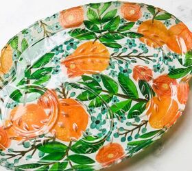 tissue decoupage glass plates un regalo que mam atesorar, Plato de cristal terminado con papel de seda naranja y verde