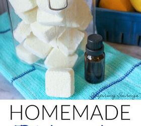 homemade dishwasher detergent tablets with essential oils, Homemade Dishwasher Tablets in jar on table with blue towel