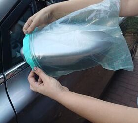 She slides a gallon-sized Ziploc bag over her side-view mirrors for this genius hack