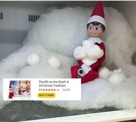 Our mischievous elf on the shelf in fridge mode, plotting a snowball fight!