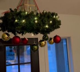 Homemade festive wreath chandelier for entryway decor