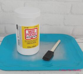 easy diy thrift store tray makeover, decoupage medium and foam brush used for decoupaging