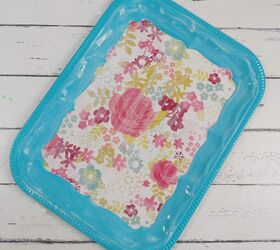 easy diy thrift store tray makeover, applying top coat of decoupage medium to foral scrapbook paper