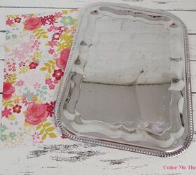 easy diy thrift store tray makeover, thrift store metal tray and piee of floral scrapbook paper