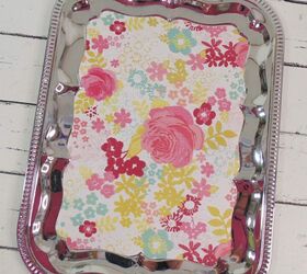 easy diy thrift store tray makeover, scrapbook paper cut to fit inset of metal tray
