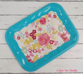 easy diy thrift store tray makeover, thrift store metal tray with floral scrapbook paper inset